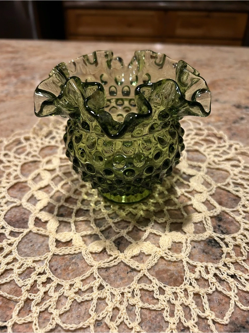 Fenton Forest Green Raised Hobnail Glass Vase Set (3) Flawless pieces. 4”&4.50”